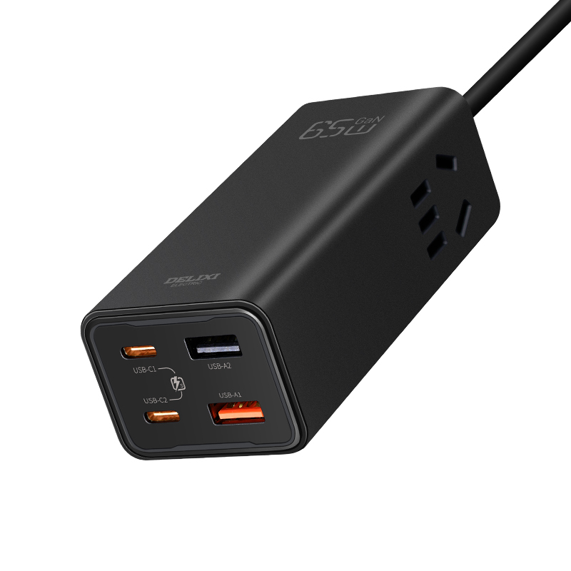 德力西65W氮化镓集成快充排插二位五孔+2A2C 1.5米CD98E-P2X2A2C65W 1.5M 只 黑色